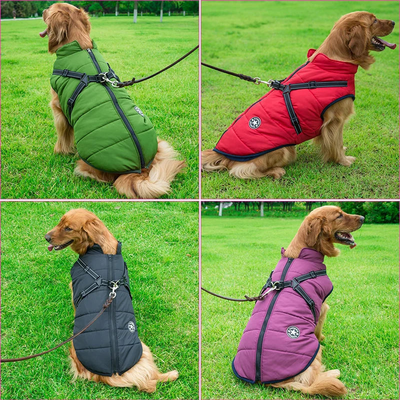 Dog Coat Integrated Harness Water-Resistant Reflective Details