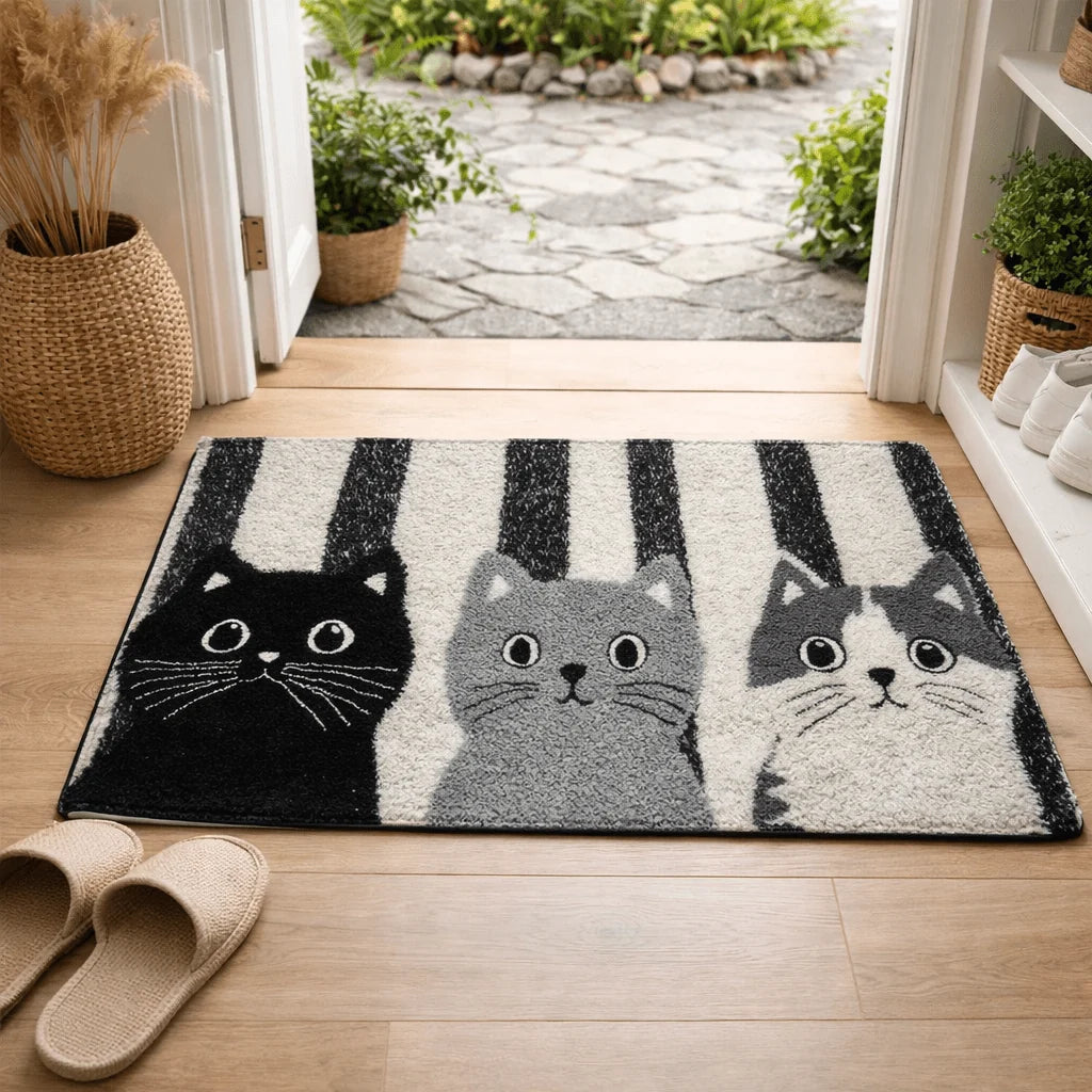 Doormat Striped Cartoon Cat Water-Resistant Cushioned Surface