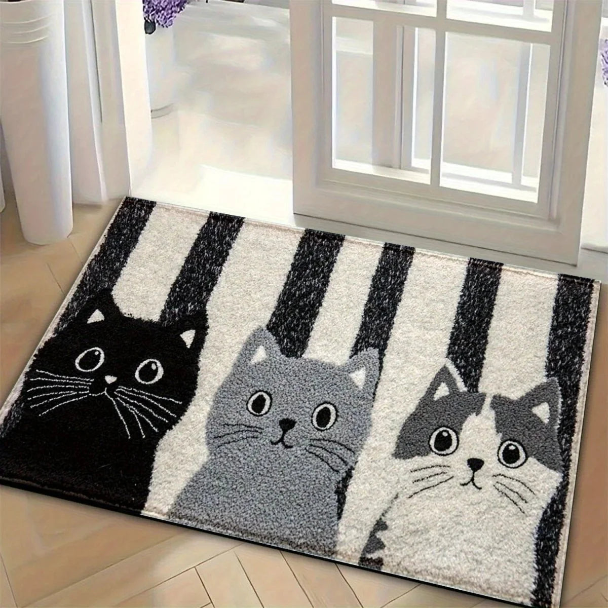 Doormat Striped Cartoon Cat Water-Resistant Cushioned Surface