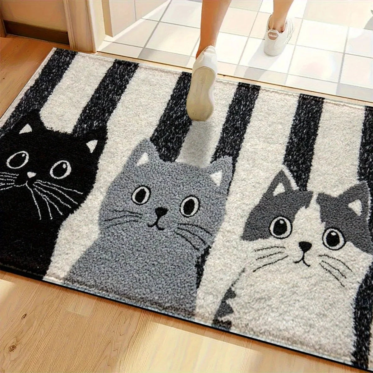 Doormat Striped Cartoon Cat Water-Resistant Cushioned Surface
