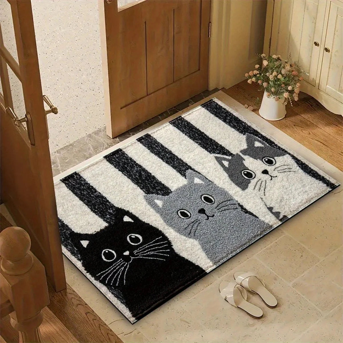 Doormat Striped Cartoon Cat Water-Resistant Cushioned Surface