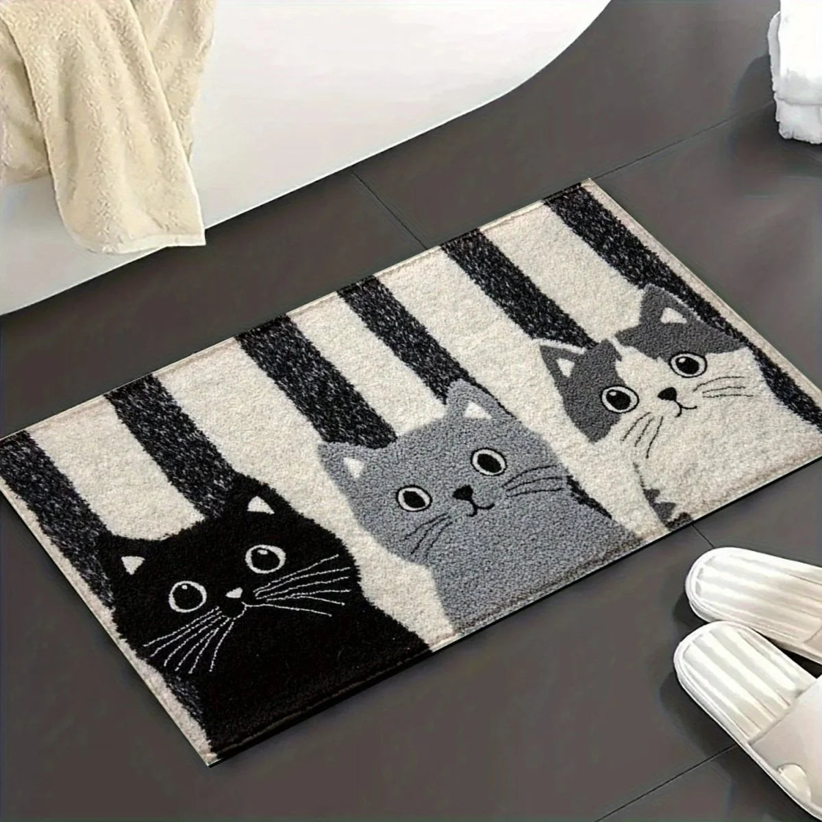 Doormat Striped Cartoon Cat Water-Resistant Cushioned Surface
