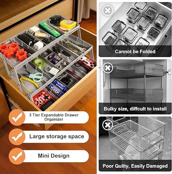 Drawer Organizer 3-Tier Foldable Expandable 12 Adjustable Dividers