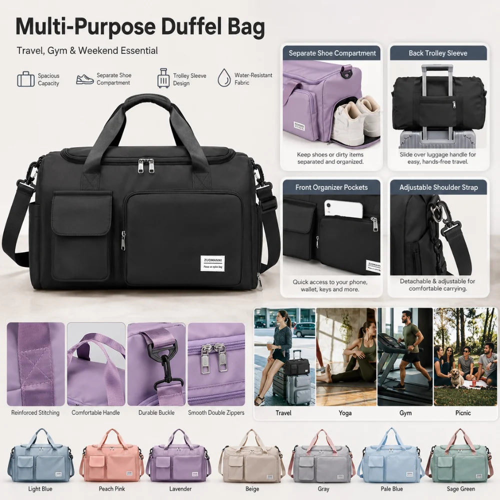 Duffel Bag Shoe Compartment Multiple Pockets & Luggage Sleeve