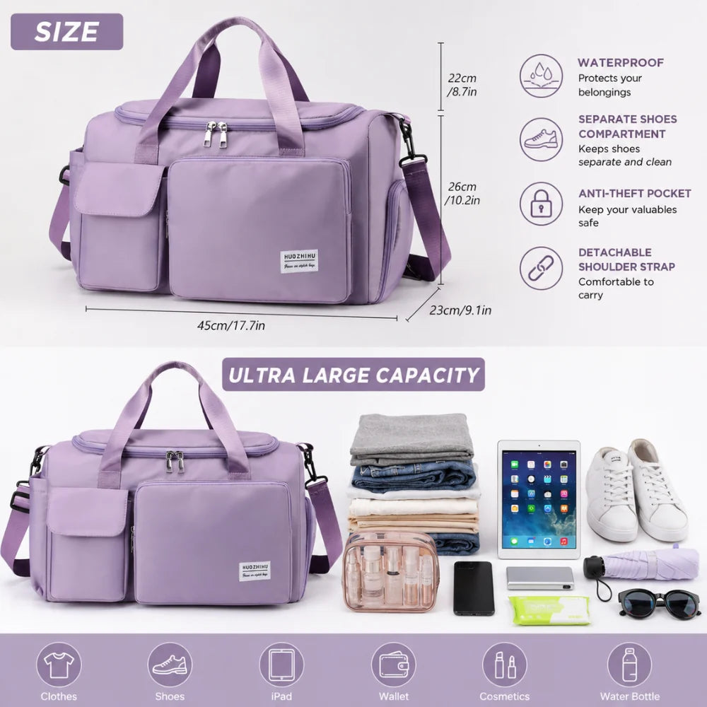 Duffel Bag Shoe Compartment Multiple Pockets & Luggage Sleeve