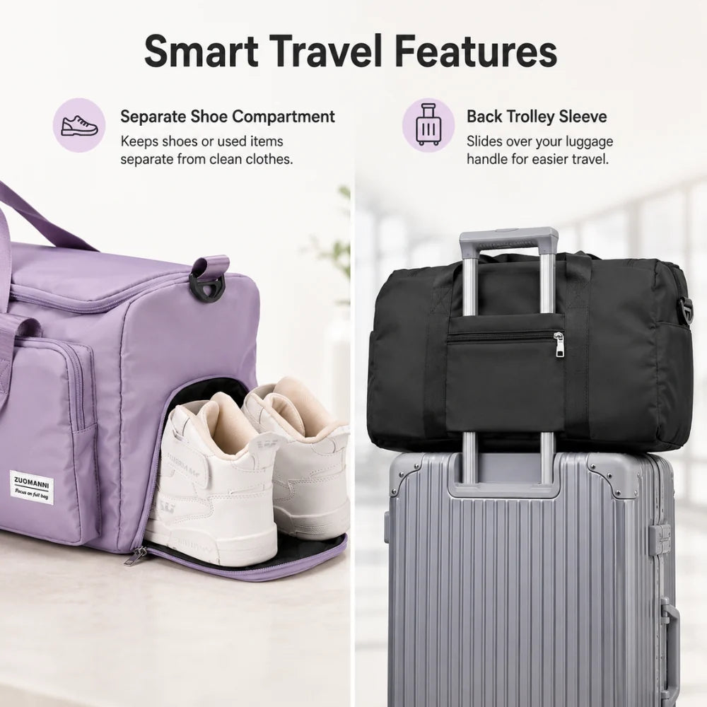Duffel Bag Shoe Compartment Multiple Pockets & Luggage Sleeve