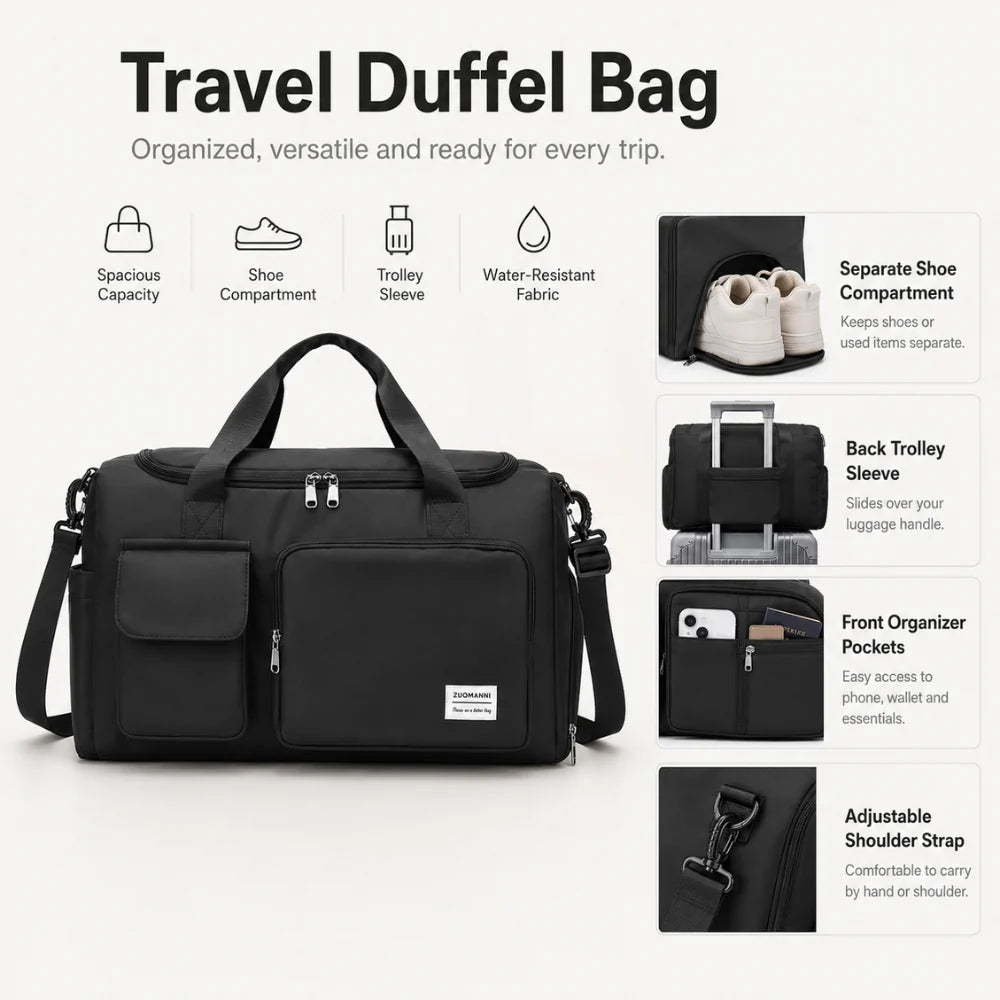 Duffel Bag Shoe Compartment Multiple Pockets & Luggage Sleeve