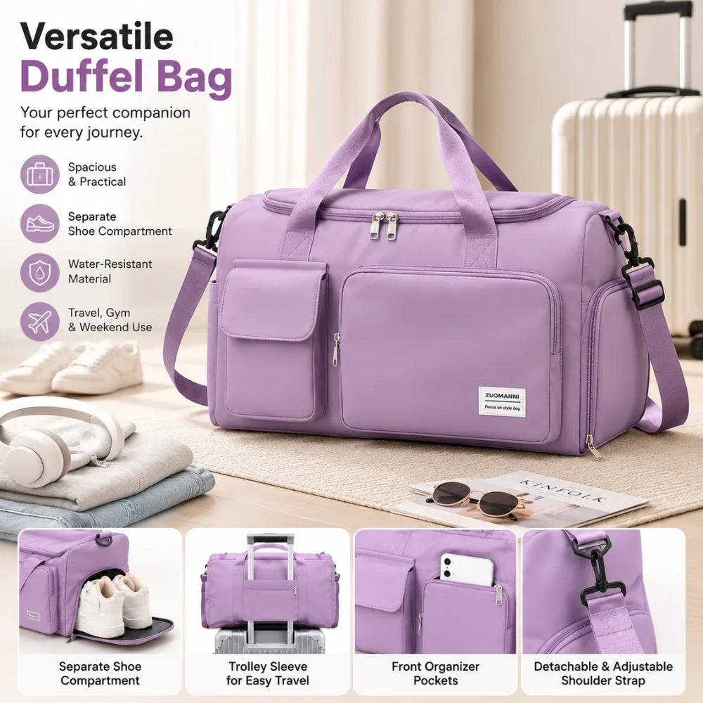 Duffel Bag Shoe Compartment Multiple Pockets & Luggage Sleeve