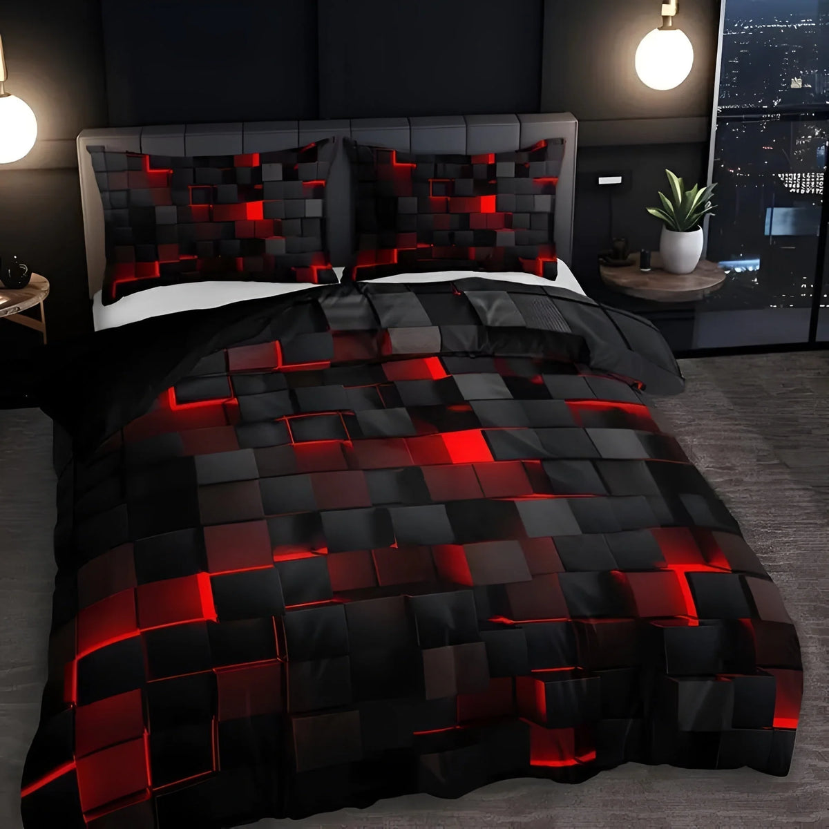 Duvet Cover Set 3D Grid Breathable Microfiber-Cotton