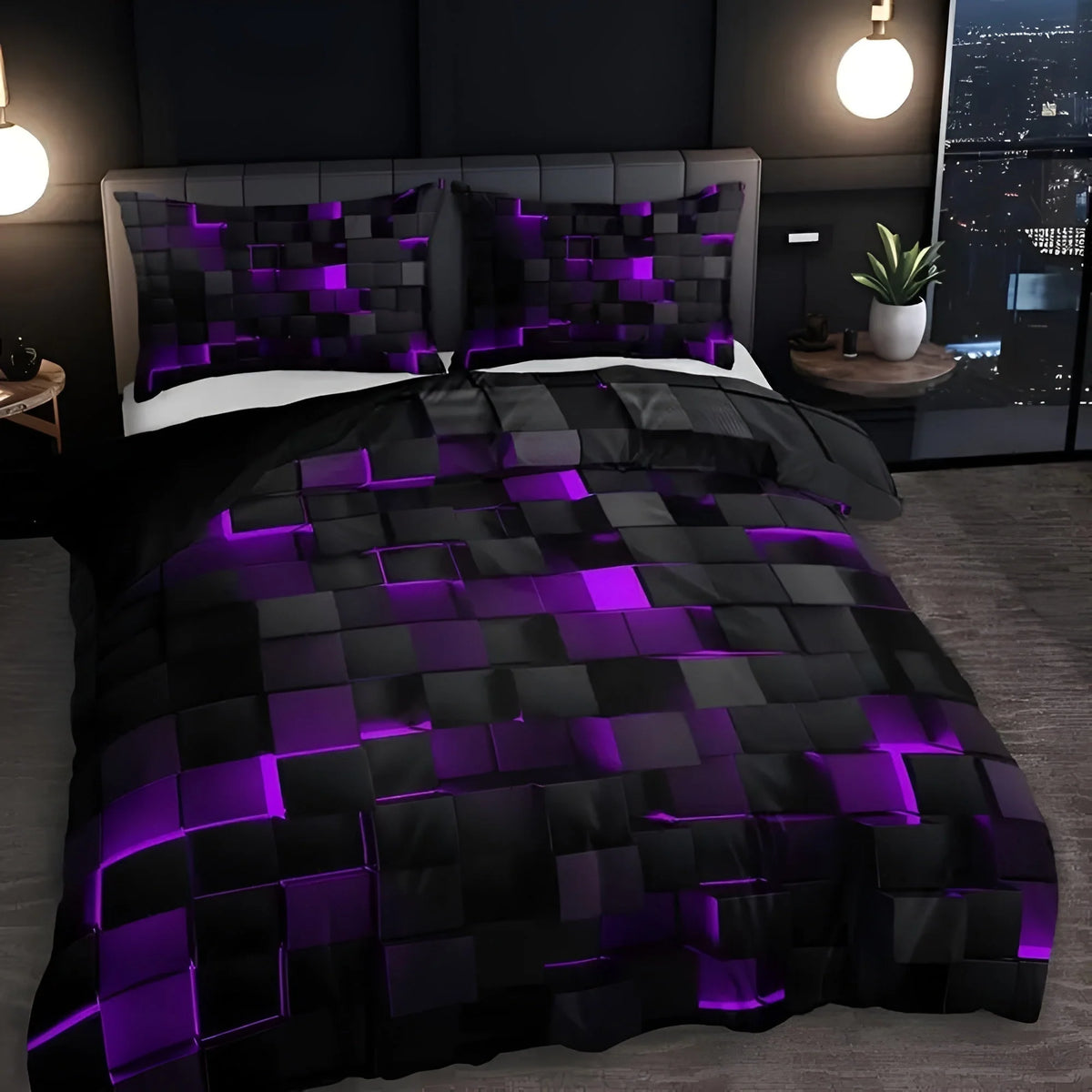 Duvet Cover Set 3D Grid Breathable Microfiber-Cotton