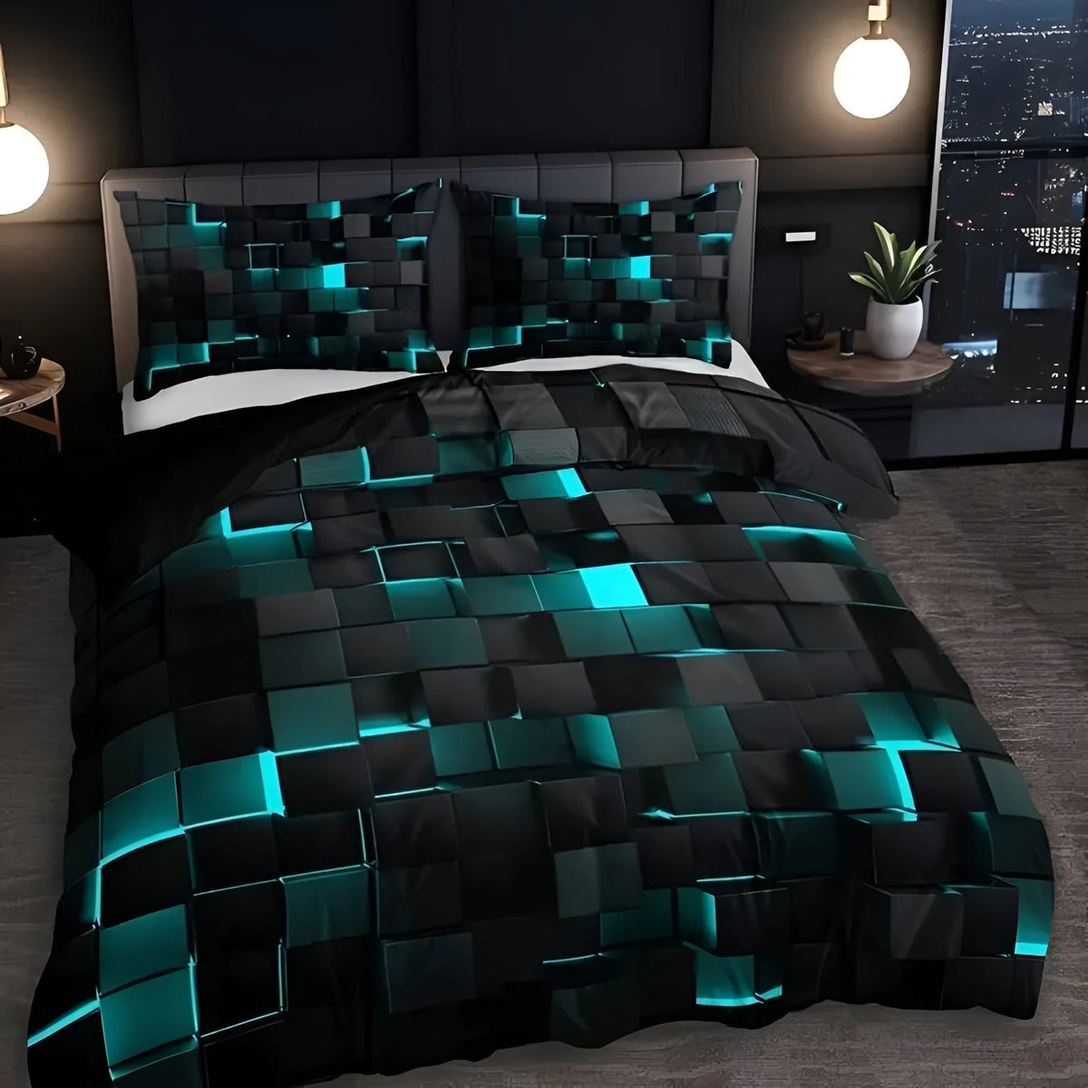 Duvet Cover Set 3D Grid Breathable Microfiber-Cotton