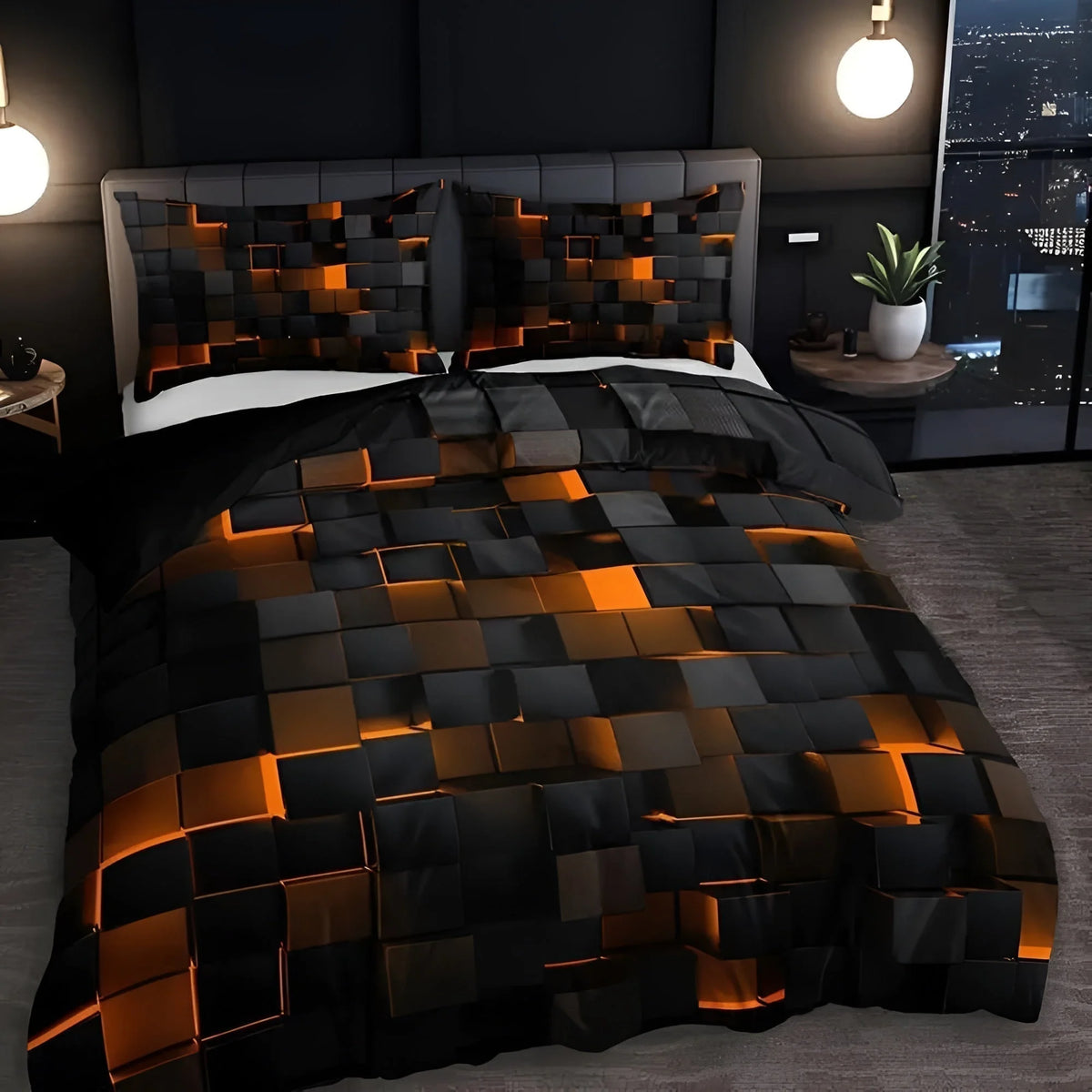 Duvet Cover Set 3D Grid Breathable Microfiber-Cotton