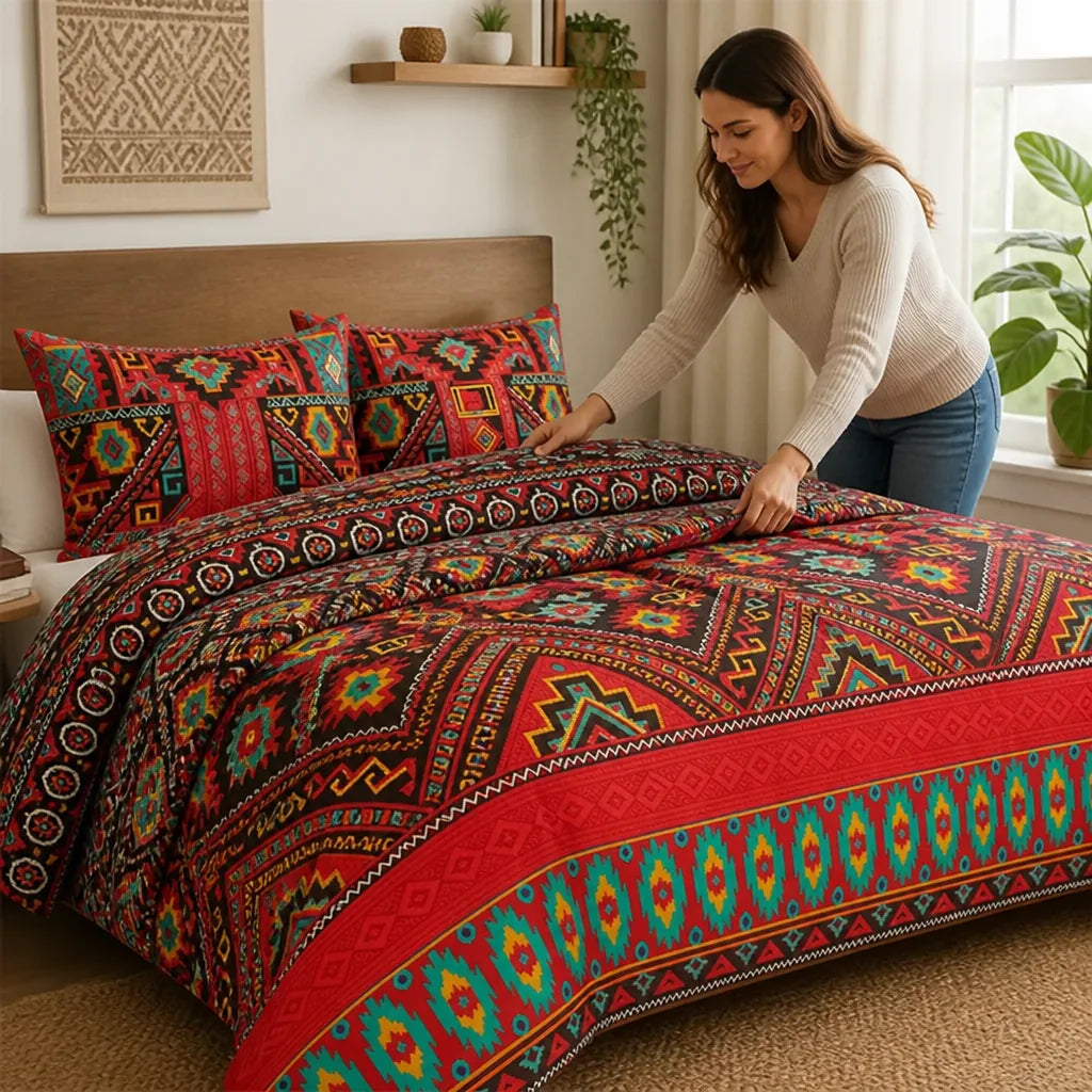 Duvet Cover Set Boho Geometric Polyester & Machine Washable
