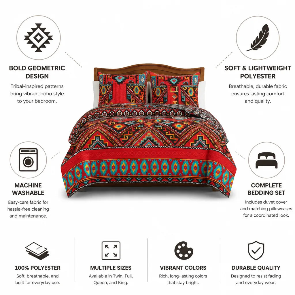 Duvet Cover Set Boho Geometric Polyester & Machine Washable