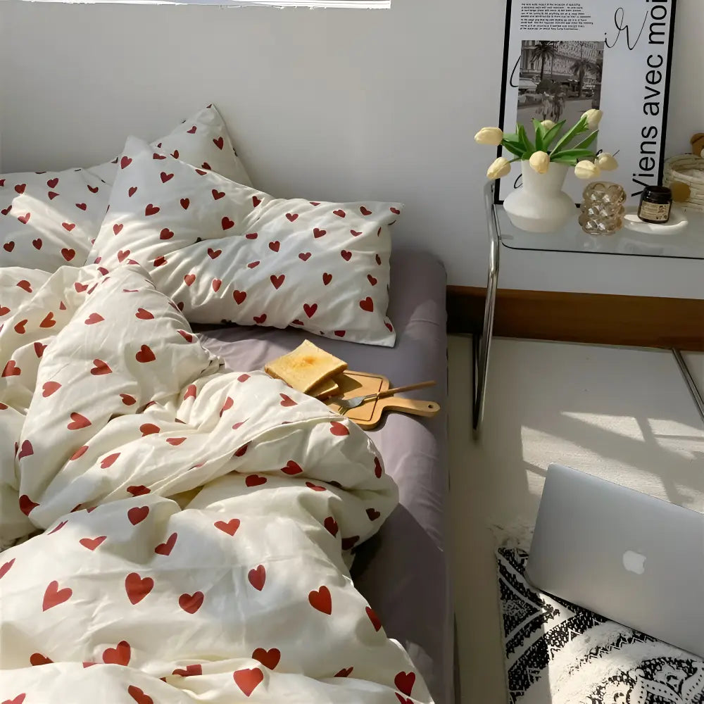 Duvet Cover Set Breathable Polyester & Subtle Heart Print