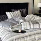 Duvet Cover Set Faux Fur High-Pile Fine Striped Plush