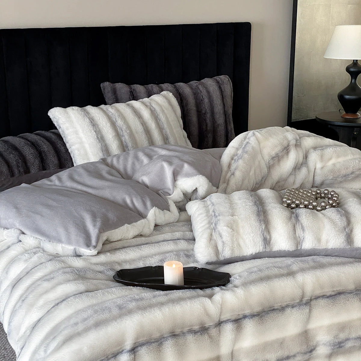 Duvet Cover Set Faux Fur High-Pile Fine Striped Plush