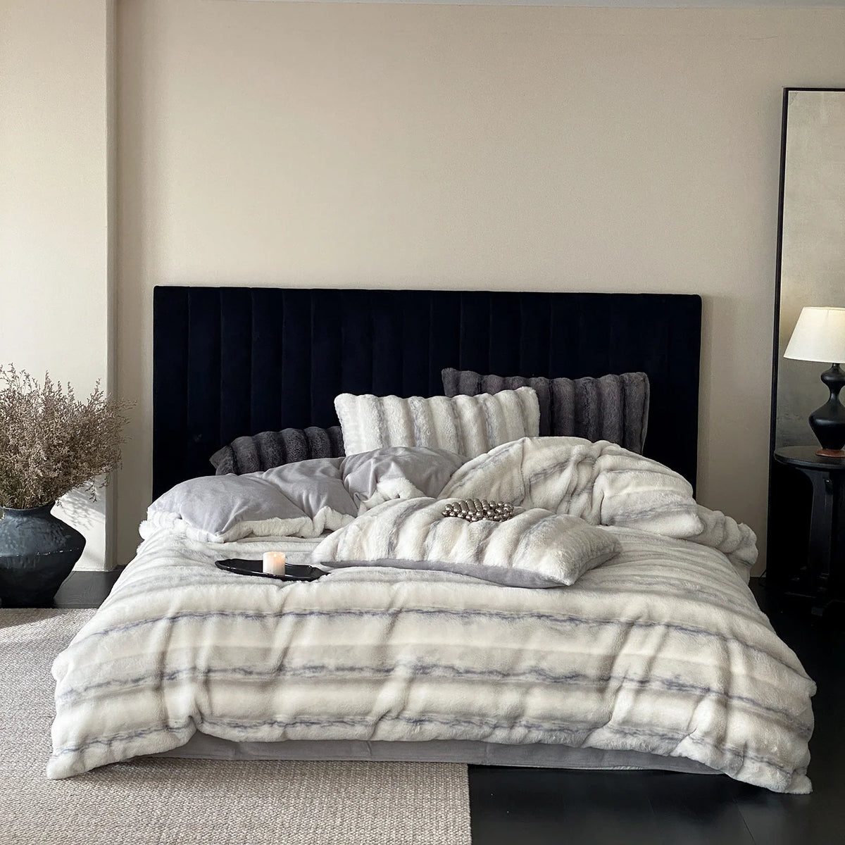 Duvet Cover Set Faux Fur High-Pile Fine Striped Plush