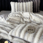 Duvet Cover Set Faux Fur High-Pile Fine Striped Plush