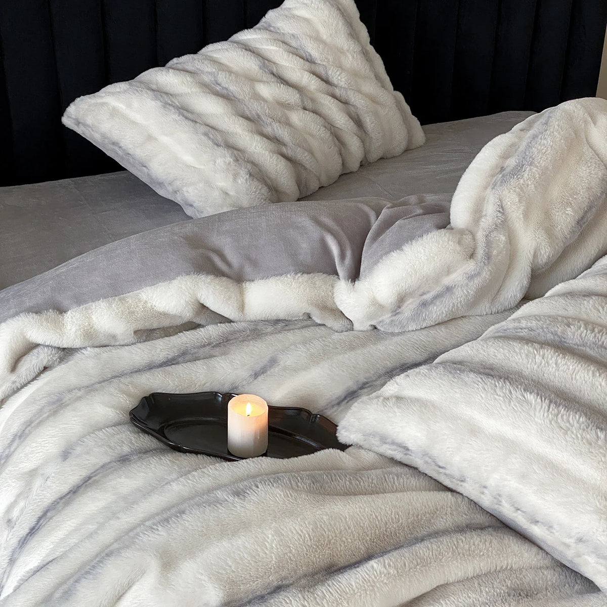 Duvet Cover Set Faux Fur High-Pile Fine Striped Plush