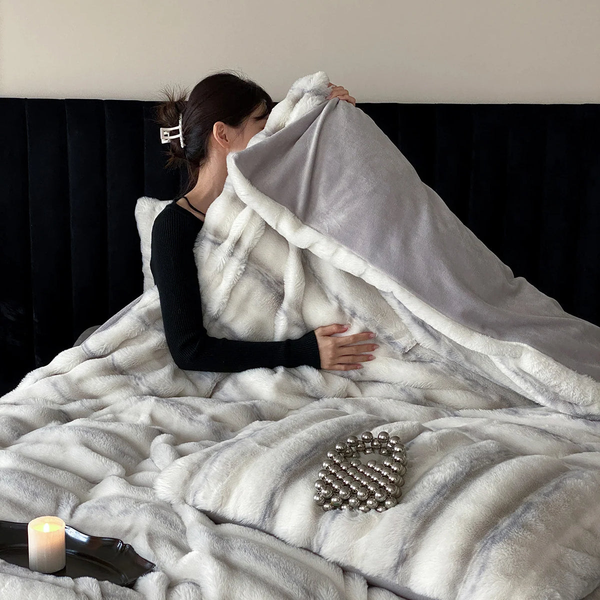 Duvet Cover Set Faux Fur High-Pile Fine Striped Plush