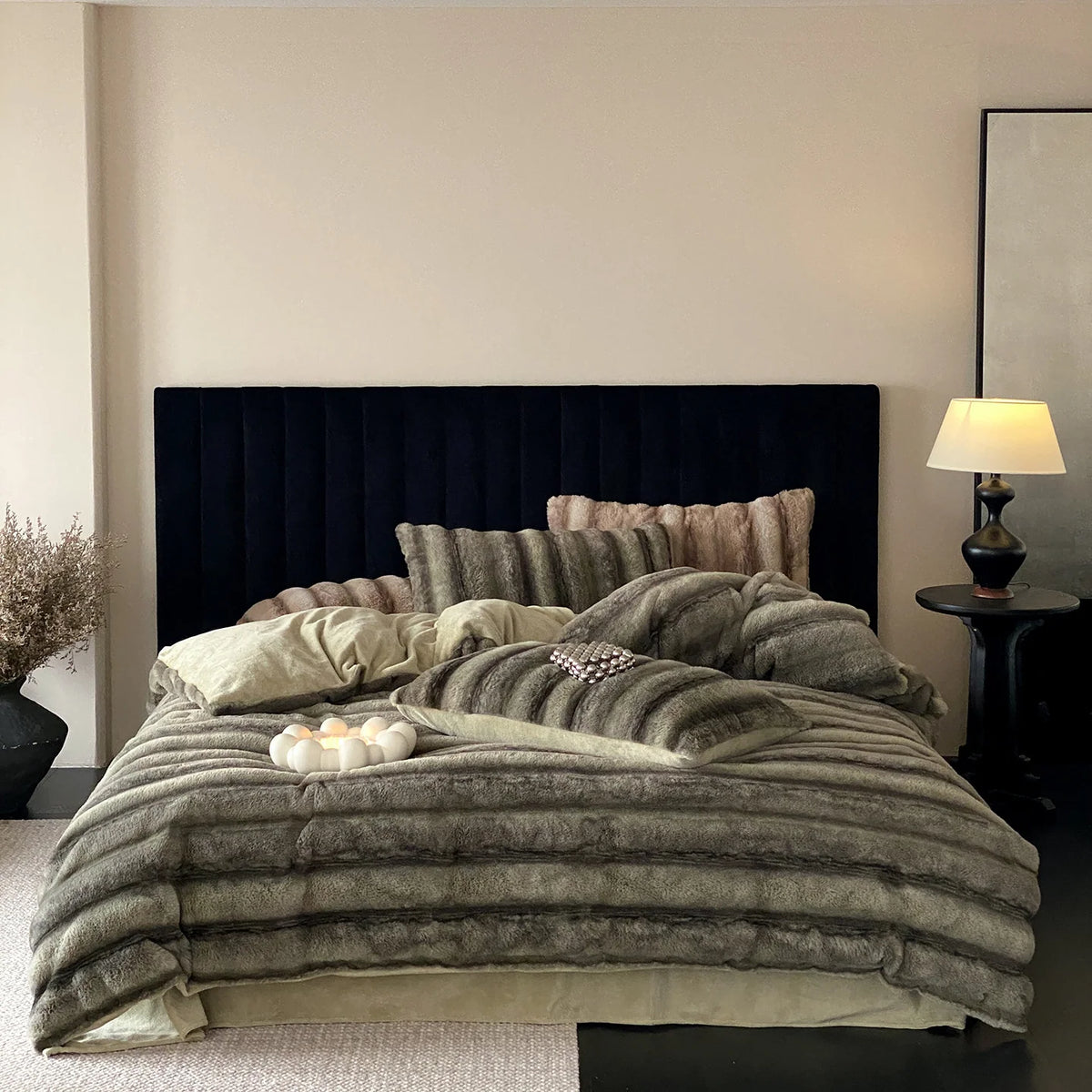 Duvet Cover Set Faux Fur High-Pile Fine Striped Plush