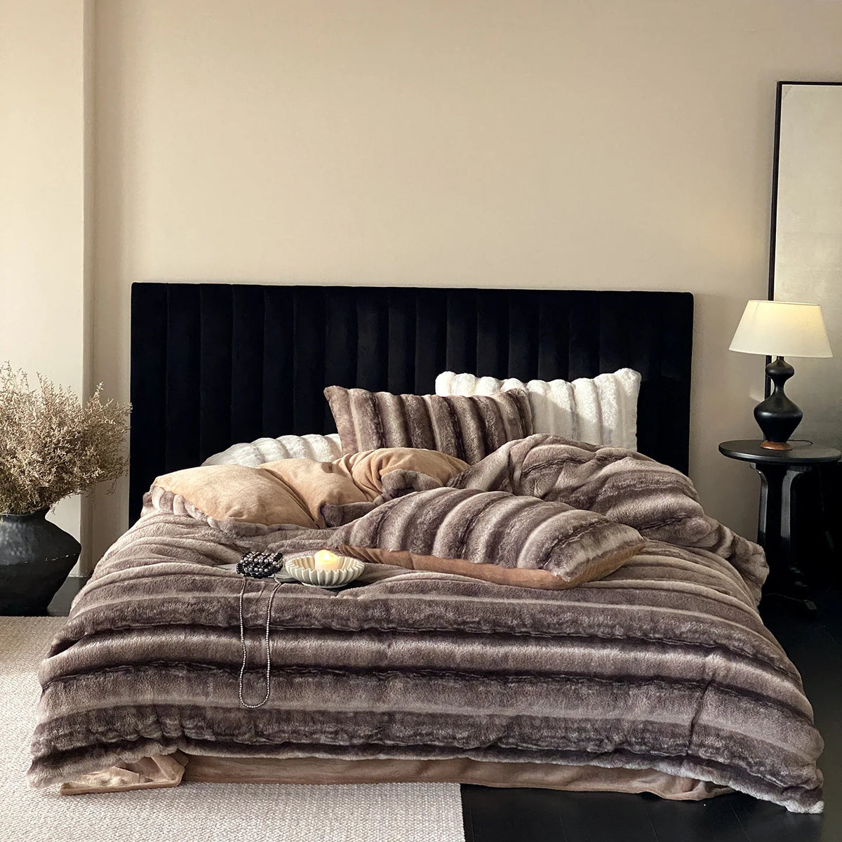 Duvet Cover Set Faux Fur High-Pile Fine Striped Plush