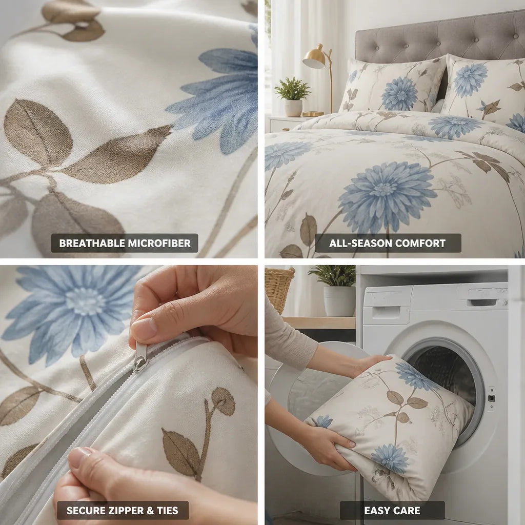 Duvet Cover Set Floral Print Breathable Microfiber