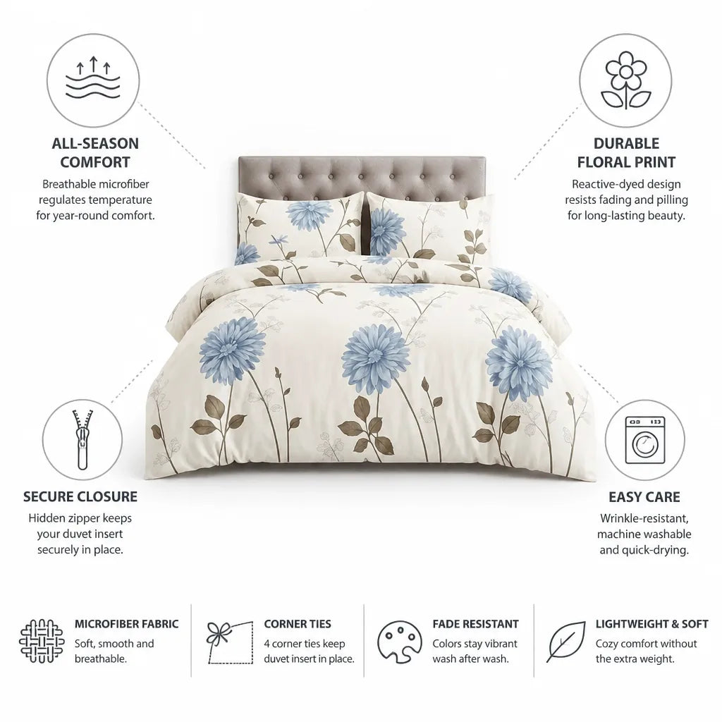 Duvet Cover Set Floral Print Breathable Microfiber