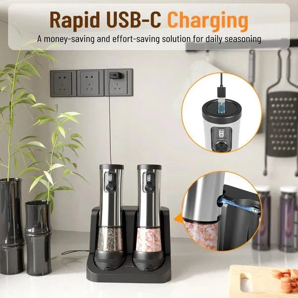Electric Salt And Pepper Grinder Set Rechargeable Adjustable Grind Settings