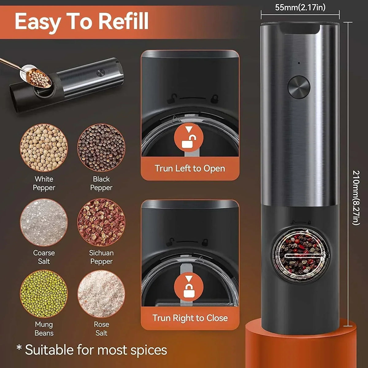 Electric Salt And Pepper Grinder Set USB-C Rechargeable Five Grind Settings
