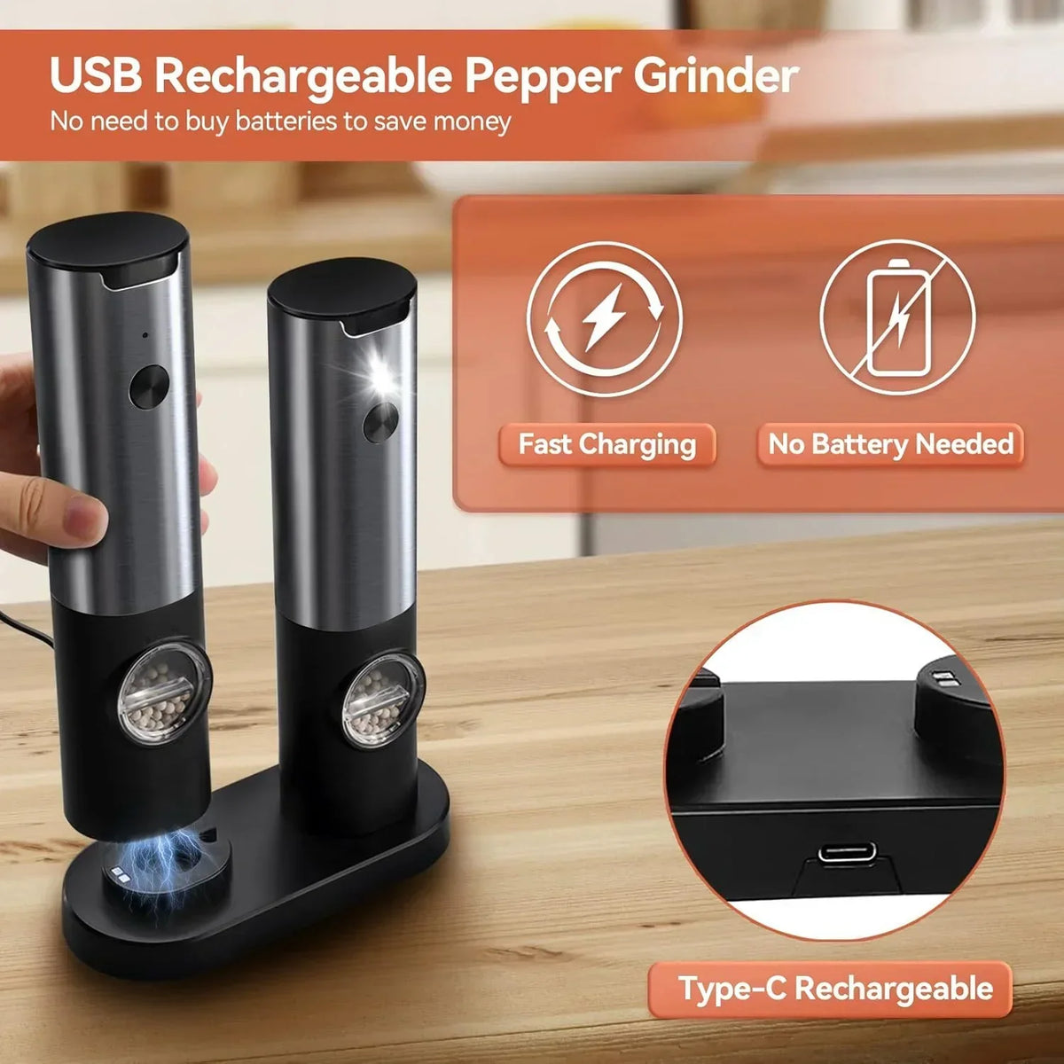 Electric Salt And Pepper Grinder Set USB-C Rechargeable Five Grind Settings