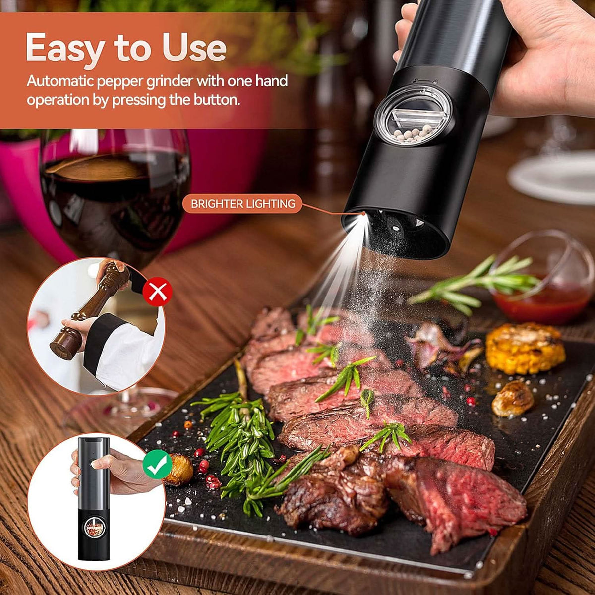 Electric Salt & Pepper Grinder Set Rechargeable Adjustable LED Lights