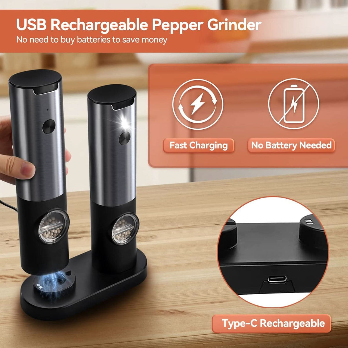Electric Salt & Pepper Grinder Set Rechargeable Adjustable LED Lights