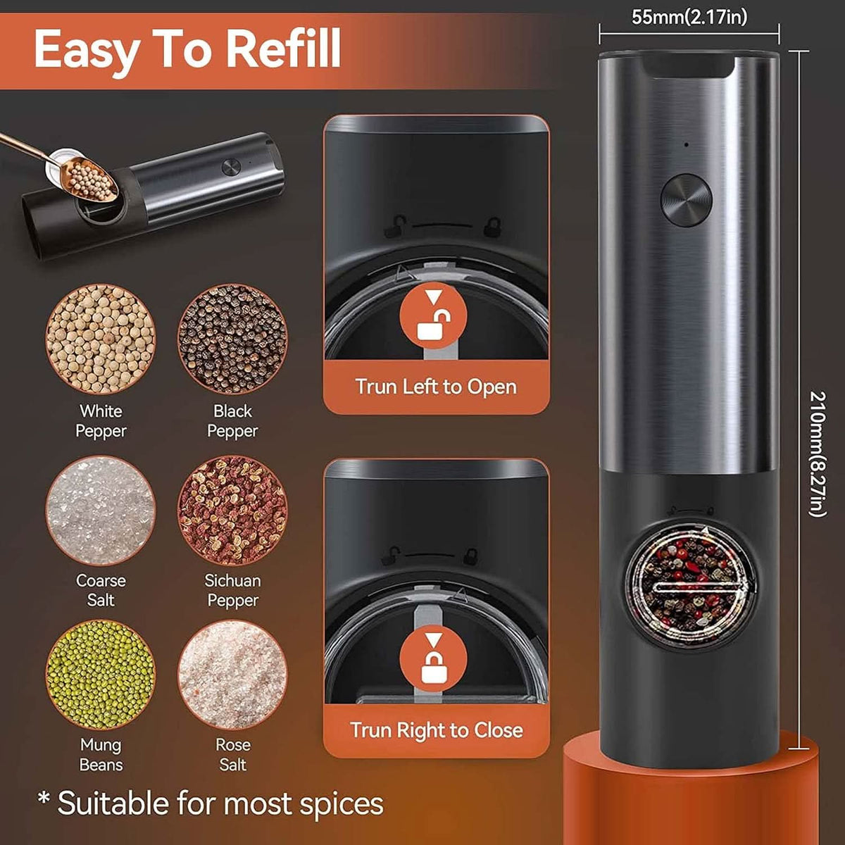 Electric Salt & Pepper Grinder Set Rechargeable Adjustable LED Lights