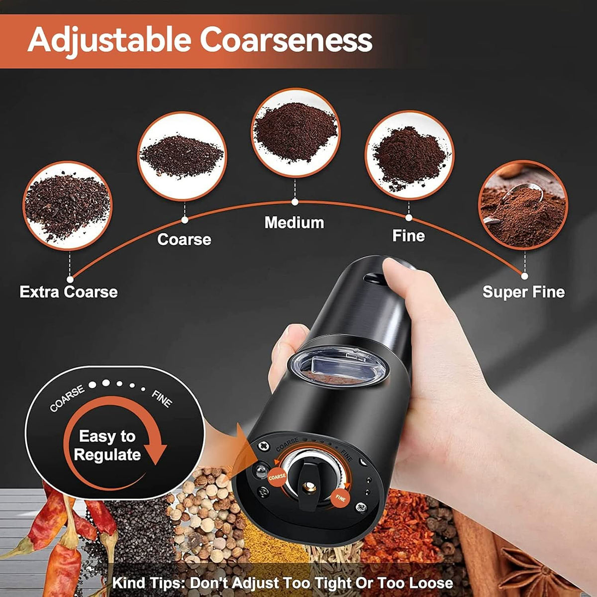 Electric Salt & Pepper Grinder Set Rechargeable Adjustable LED Lights