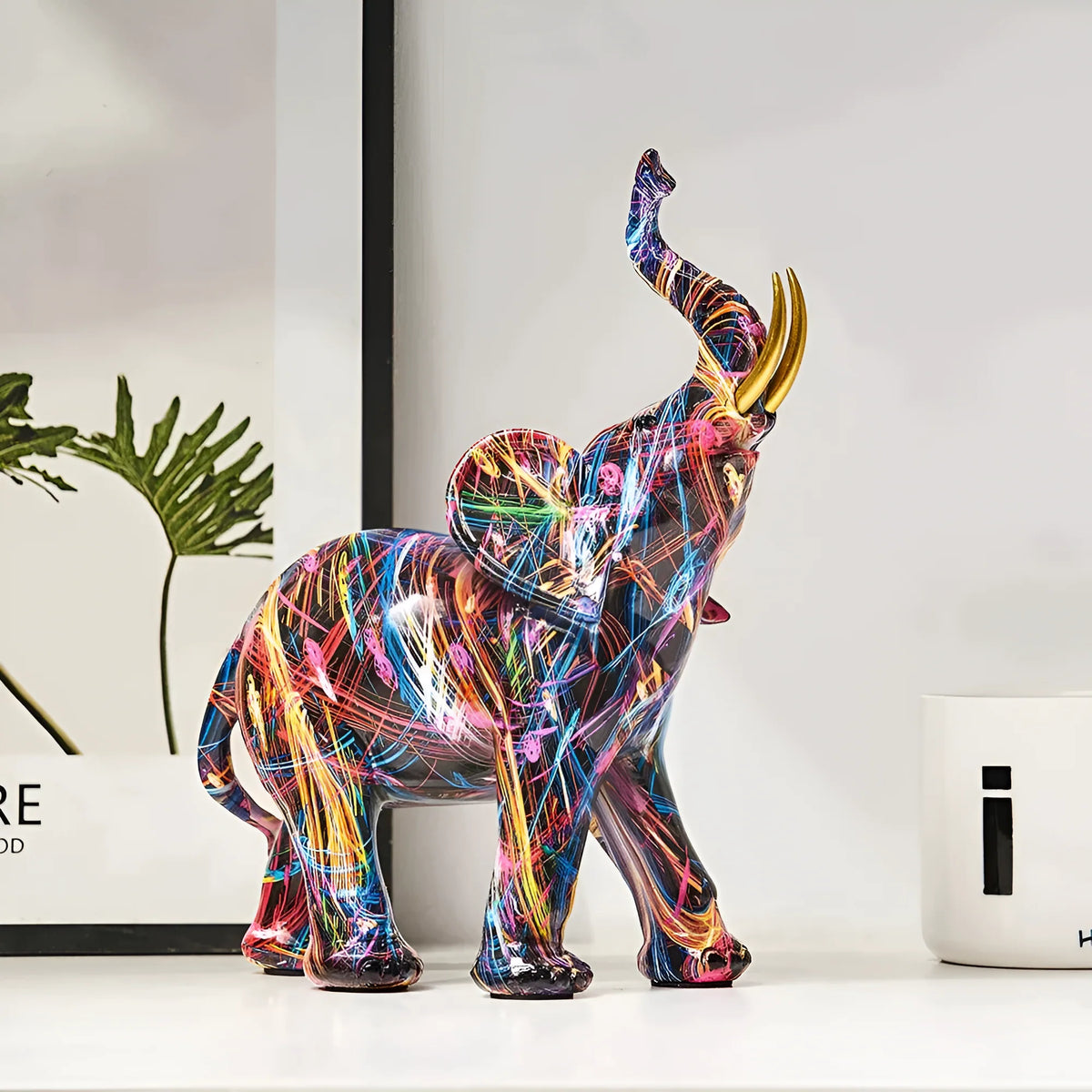 Elephant Statue Colorful Abstract Resin Tabletop Accent