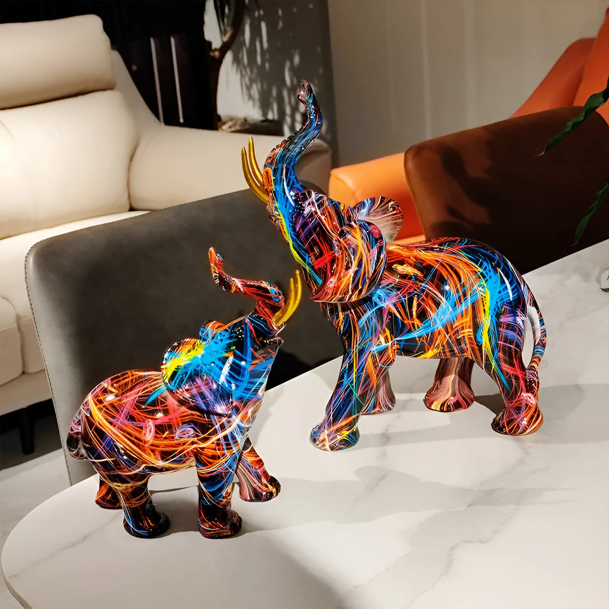 Elephant Statue Colorful Abstract Resin Tabletop Accent