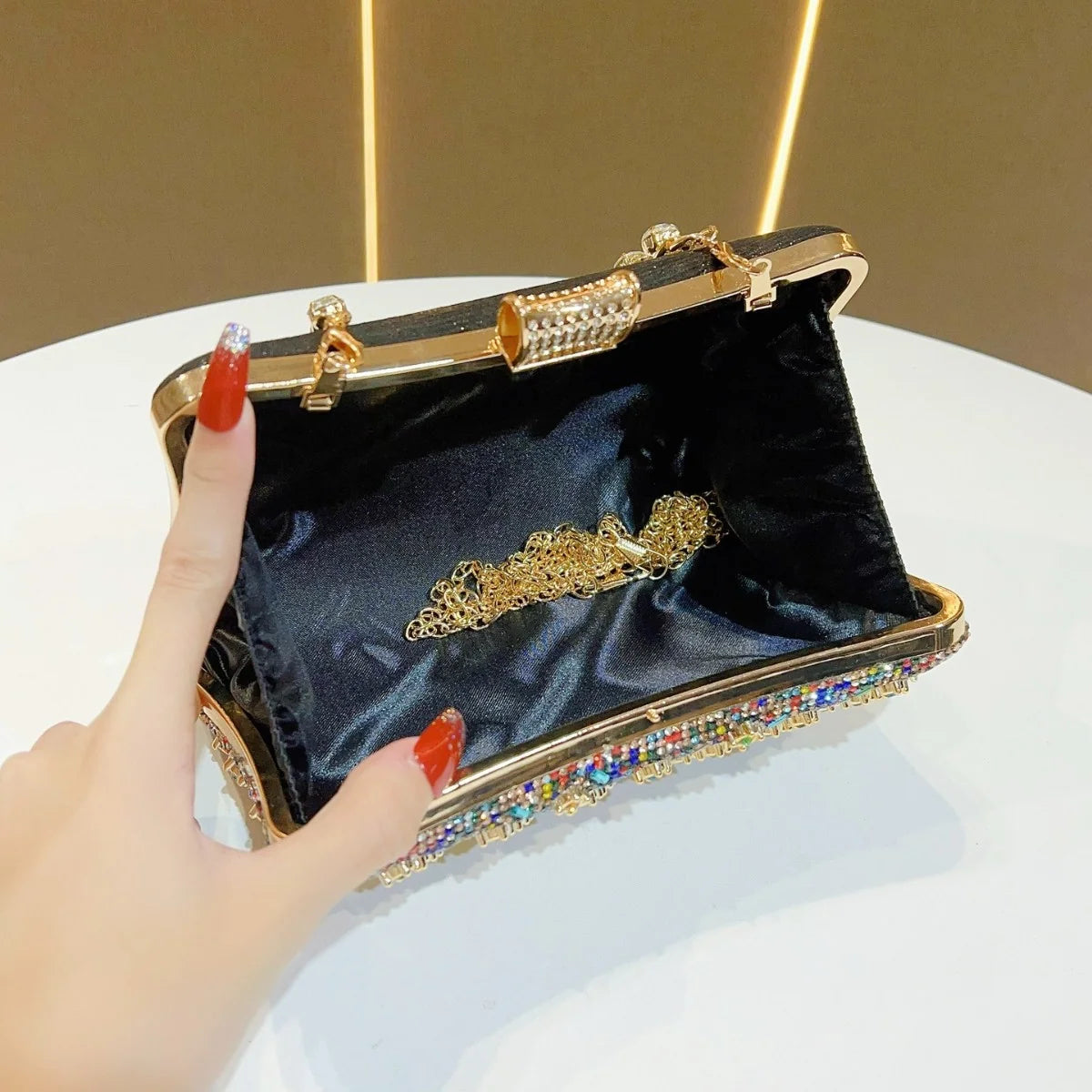 Evening Clutch Crystal Embellished Chain Strap Secure Closure