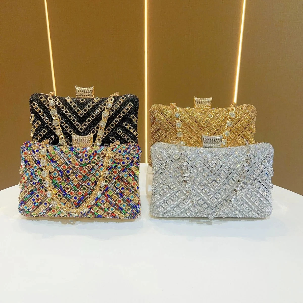 Evening Clutch Crystal Embellished Chain Strap Secure Closure