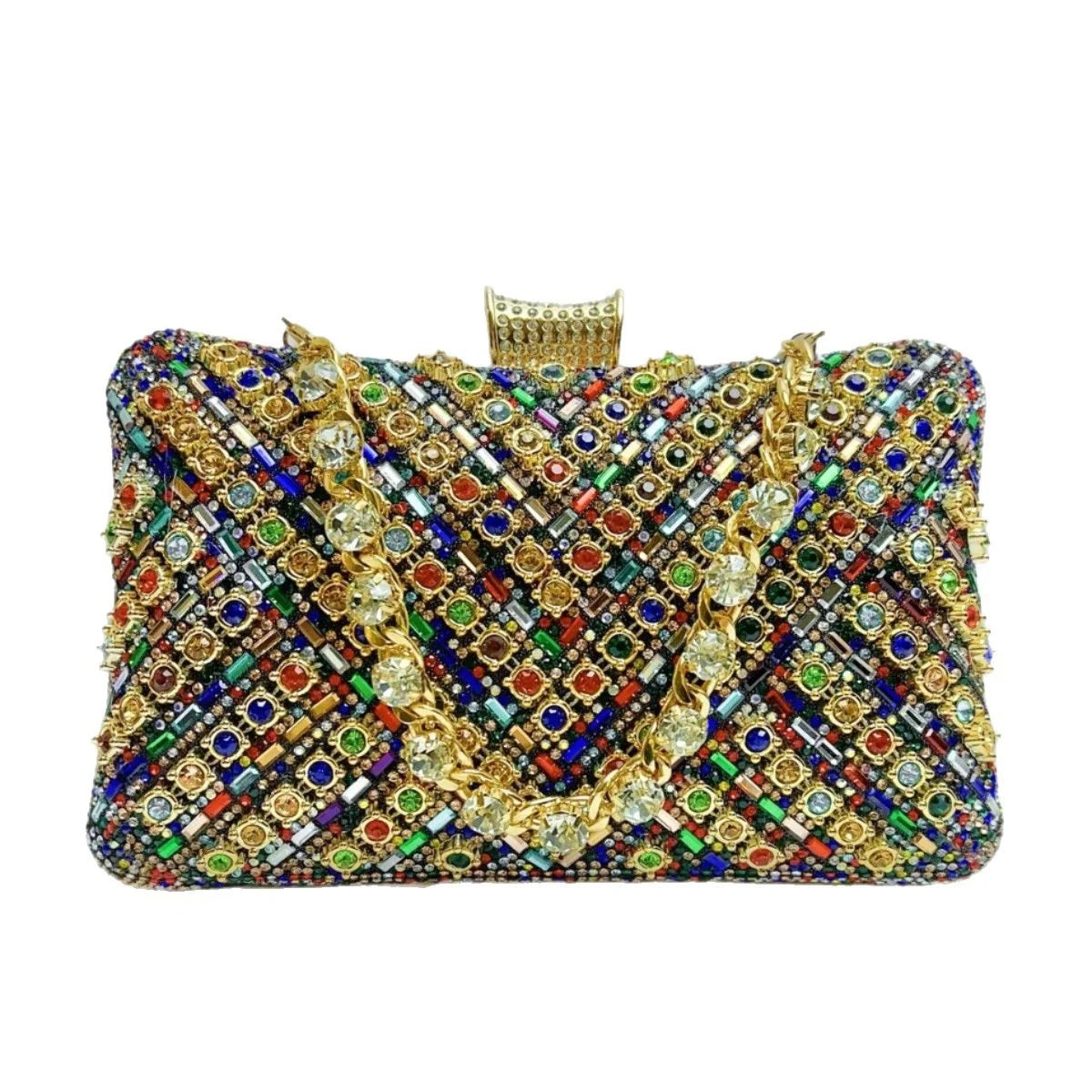 Evening Clutch Crystal Embellished Chain Strap Secure Closure