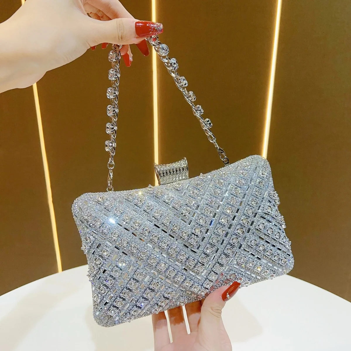 Evening Clutch Crystal Embellished Chain Strap Secure Closure