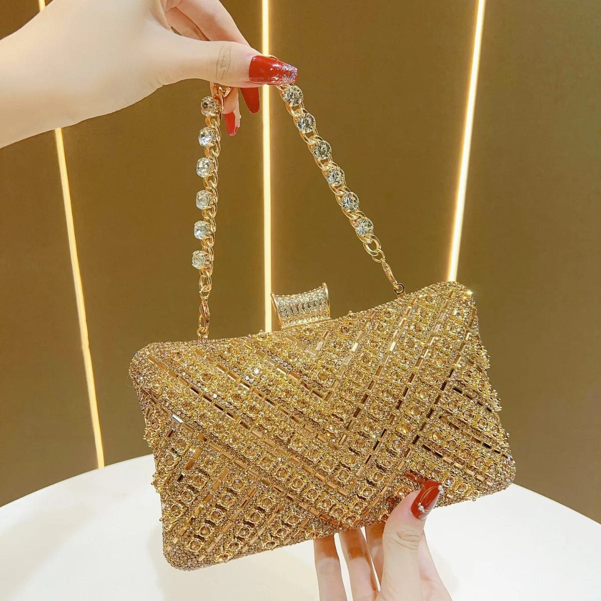 Evening Clutch Crystal Embellished Chain Strap Secure Closure