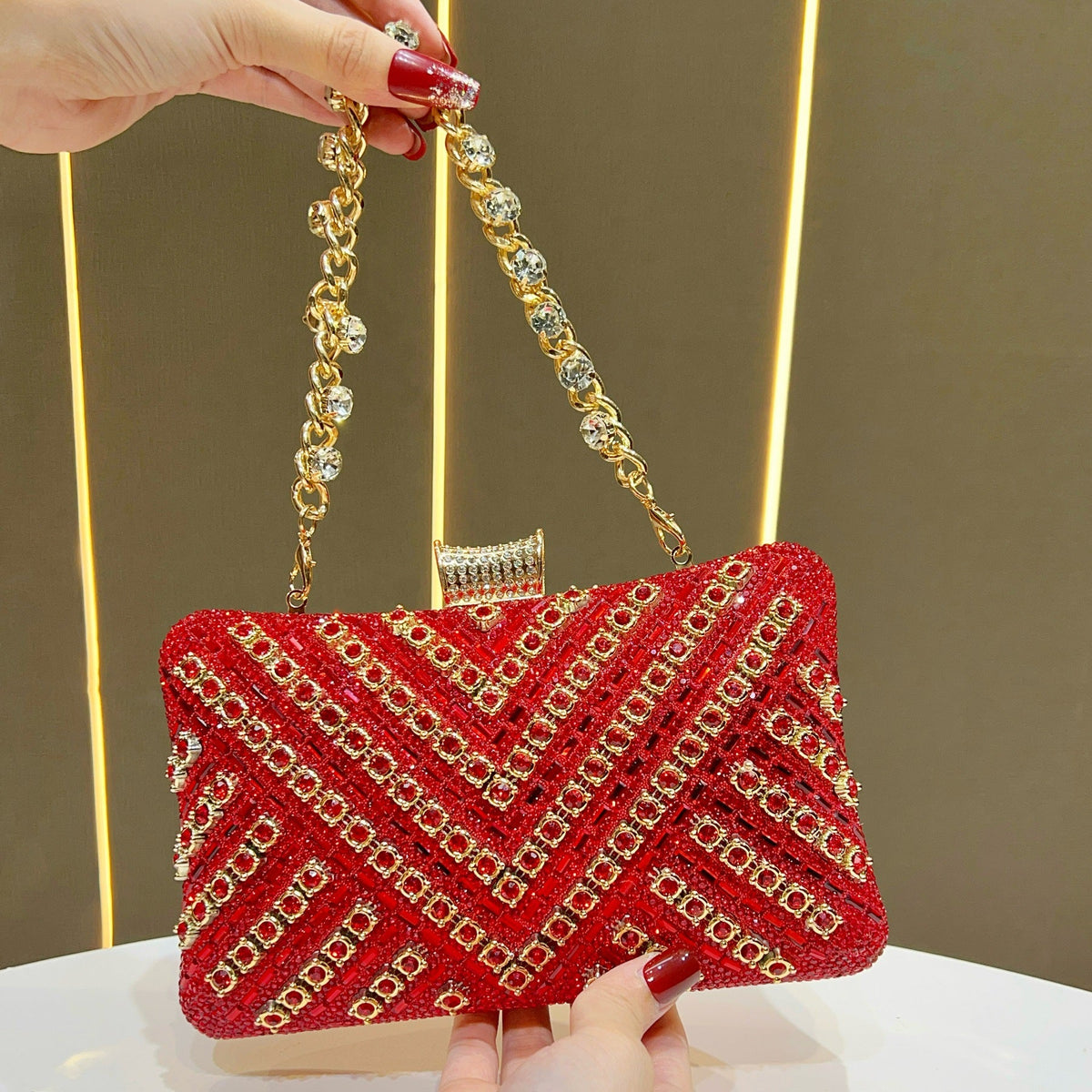 Evening Clutch Crystal Embellished Chain Strap Secure Closure