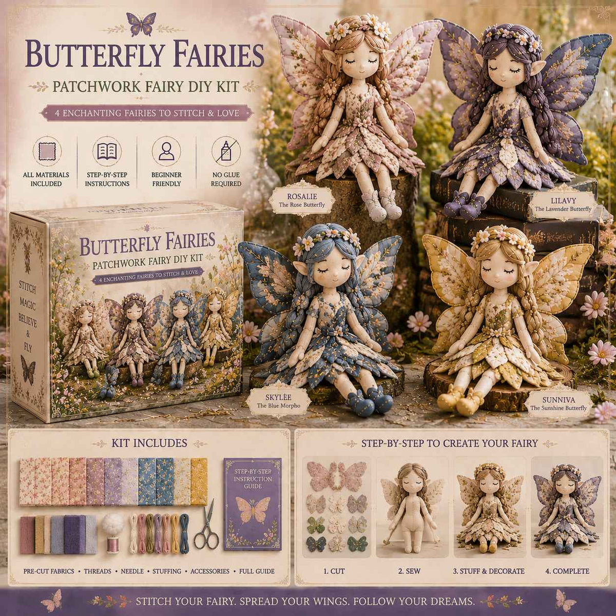 Fairy Sewing Kit Pre-Cut Fabric 4 Characters Beginner-Friendly