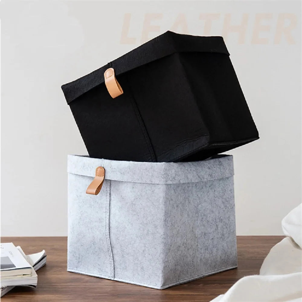 Felt Storage Box Foldable Lid & Leather Handle