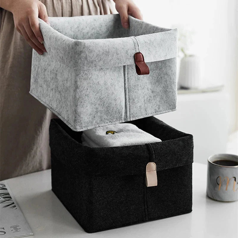 Felt Storage Box Foldable Lid & Leather Handle