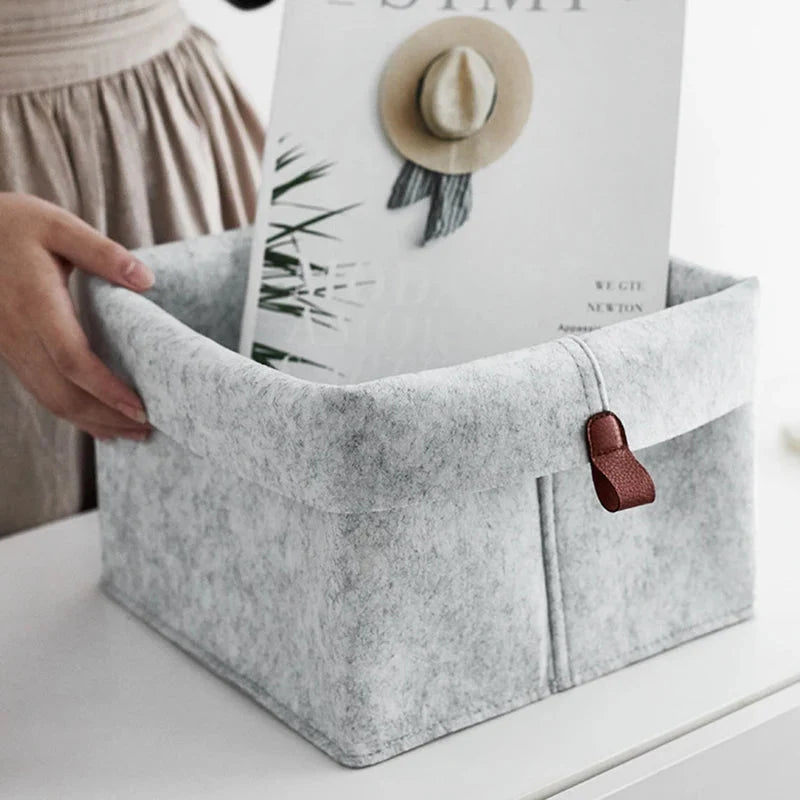 Felt Storage Box Foldable Lid & Leather Handle