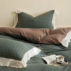 Flannel Bedding Set Reversible Check Lace Trim