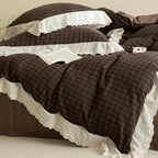 Flannel Bedding Set Reversible Check Lace Trim